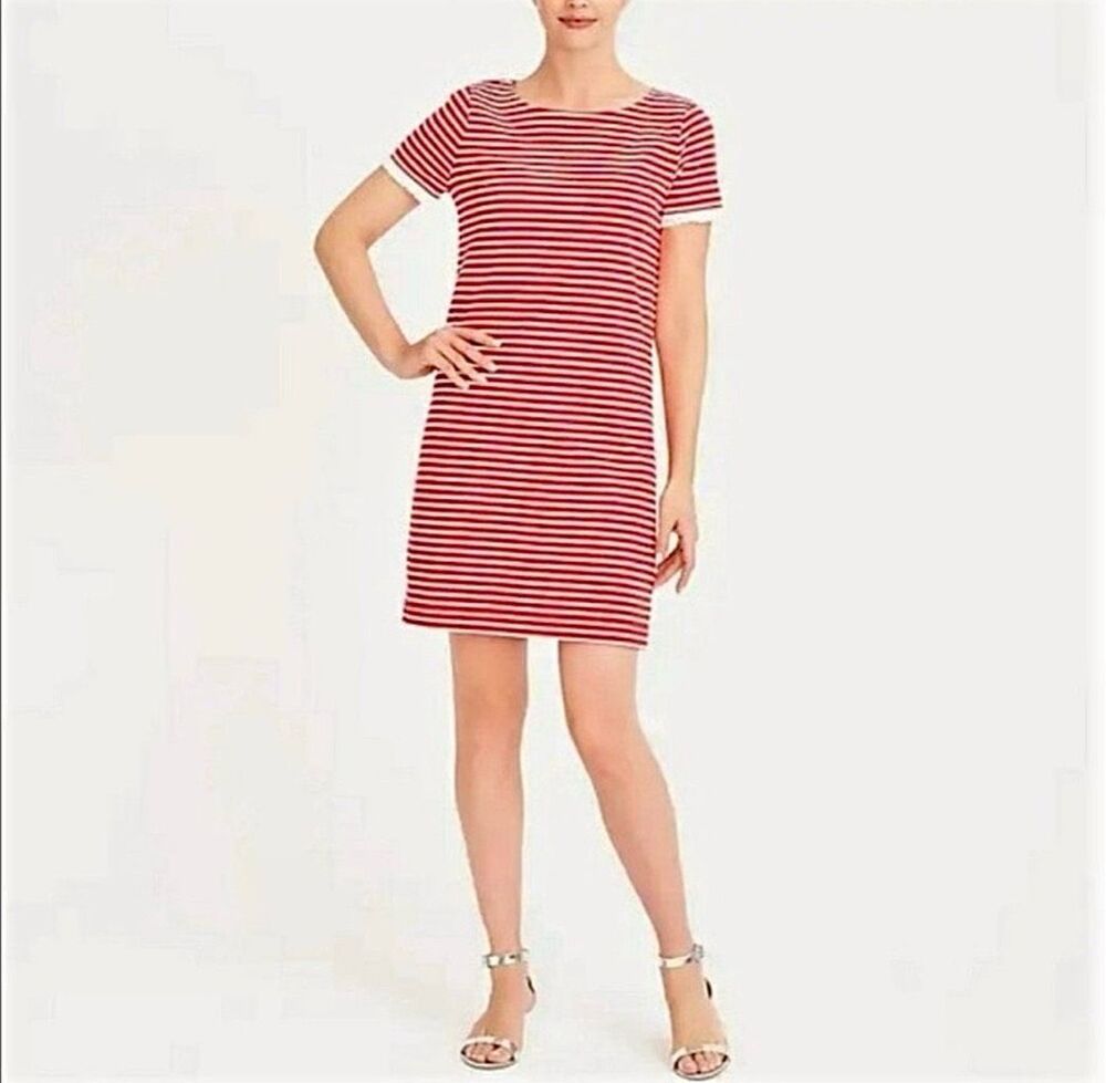 J. Crew Dress Red White & Striped Knit White Ruffle Trim Sleeve Dress Size S